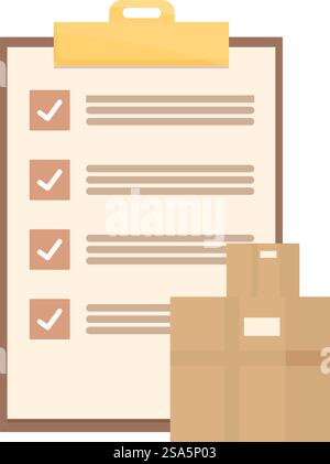 Cardboard boxes standing near clipboard with check marked delivery checklist on white background. Clipboard showing checkmarked delivery checklist with cardboard boxes Stock Vector