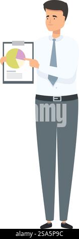 Confident businessman pointing at pie chart on clipboard during presentation. Businessman is standing and pointing at a pie chart on a clipboard Stock Vector