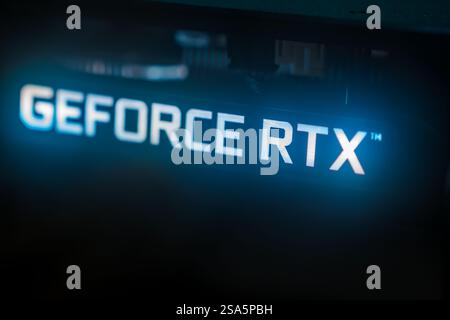 Vibrant illumination highlights advanced graphics technology in a gaming setup Stock Photo