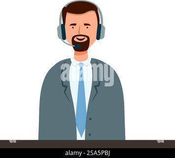 Smiling male call center operator wearing headset working at his desk. Call center operator is smiling while speaking into his headset Stock Vector