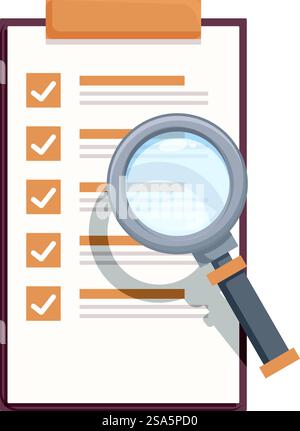 Magnifying glass is inspecting a completed checklist on a clipboard, emphasizing the concept of audit, quality control, and attention to detail. Magnifying glass analyzing completed checklist on clipboard for audit or quality control Stock Vector