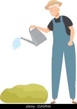 Senior farmer watering plants, elderly man working in garden, farming and gardening illustration. Elderly farmer is watering plants in his garden Stock Vector
