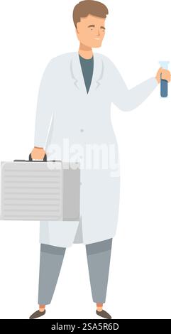 Scientist is holding a test tube and carrying a case, suggesting he is on his way to conduct research or analysis. Male scientist holding test tube and carrying case Stock Vector