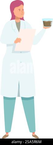 Scientist is holding a beaker and taking notes on a clipboard, conducting important research in the lab. Scientist woman holding beaker and taking notes on clipboard Stock Vector
