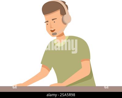 Call center operator is speaking into a headset while working at his desk. Male call center operator wearing headset speaking at desk Stock Vector
