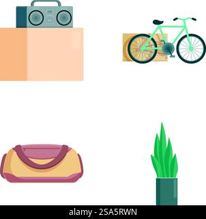 Vector icons of a boombox, bicycle, duffle bag, and potted plant. Everyday objects and lifestyle icons set Stock Vector