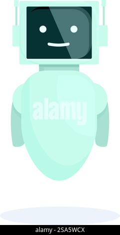 Blue and white robot with a monitor for a head is smiling and floating. Friendly robot smiling and floating with antennae Stock Vector