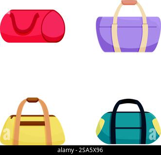 Collection of four stylized duffle bags in various colors, ideal for travelrelated designs. Colorful set of vector duffle bags isolated on white Stock Vector