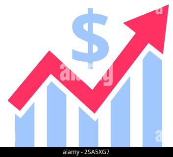 Red arrow growing over a bar chart, representing a successful investment strategy. Red arrow growing over bar chart making profit with dollar symbol Stock Vector