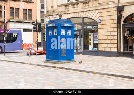 Blue Police Call Box Installed in Glasgow City Center. Designed as Tardis the Doctor Who Time Machine, now used as a snack shack Stock Photo