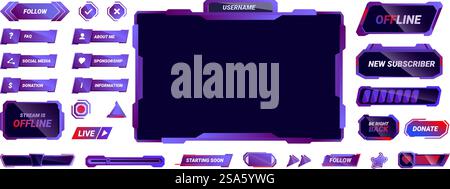 Game overlay icons set. Stream overlay facecam panel design with buttons, alerts, and badges for gamers and streamers. Game overlay icons set. Set of modern, colorful panels, buttons, and alerts for a live stream interface Stock Vector