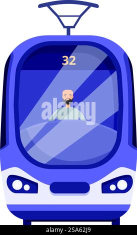 Male tram driver sitting in drivers seat looking out of front window driving public transportation route number 32. Tram driver looking out of windshield driving public transportation route 32 Stock Vector