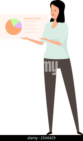 Businesswoman is standing and presenting data analysis using a pie chart illustration. Businesswoman presenting data analysis using pie chart illustration Stock Vector
