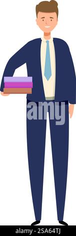 Office worker standing and holding folders, business character in flat design style. Young businessman holding folders, smiling and standing Stock Vector