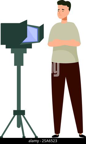 Confident videographer is standing with his arms crossed in front of a professional video camera mounted on a tripod. Videographer standing with arms crossed, professional filming equipment Stock Vector