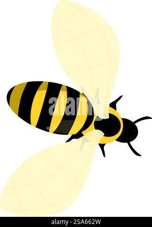 Simple cartoon style illustration of a bee flying with spread wings, top view. Bee flying with spread wings top view illustration Stock Vector