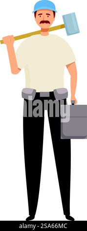 Construction worker is holding a sledgehammer and a tool box. Construction worker holding sledgehammer and tool box Stock Vector