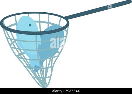 Fishing net catching two fish icon in cartoon style isolated on white background. Fishing net catching two fish icon isometric style Stock Vector