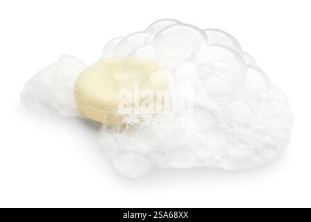 Round soap with foam on white background Stock Photo
