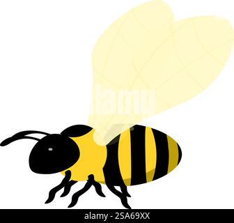 Cartoon bee is flying and looking for flowers to collect pollen. Cute cartoon bee flying with spread wings Stock Vector