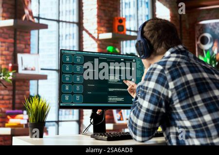 Person listening music uses large language model generative AI chatbot engaging in humanlike interactions. Man wearing headphones solves tasks with artificial intelligence LLM handling user requests Stock Photo