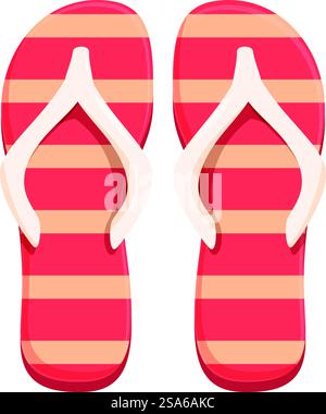 Red and yellow striped flip flops isolated on white background, symbolizing summer, vacation, and relaxation. Pair of stylish red and yellow flip flops isolated on white background Stock Vector
