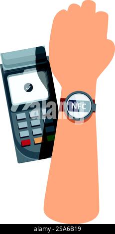 Hand approaching a pos terminal for a secure nfc payment. Customer paying using nfc technology with smartwatch Stock Vector