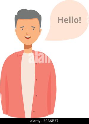 Young man is greeting saying hello with a speech bubble. Smiling man with speech bubble saying hello Stock Vector