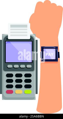 Hand approaching nfc pos terminal for contactless payment using smartwatch. Customer paying using smartwatch for nfc pos terminal Stock Vector