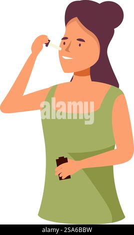 Young woman is carefully applying essential oil to her face, embracing a natural approach to skincare. Young woman applying essential oil on her face Stock Vector