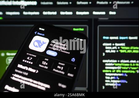 United Kingdom. 28th Jan, 2025. In this photo illustration, the DeepSeek app seen displayed on a mobile screen in front of a computer showing the website of tech company Nvidia whose market value has dropped since the arrival of its Chinese competitor. Tech shares have struggled to regain footing after the release of Chinese AI assistant DeepSeek. (Credit Image: © David Tramontan/SOPA Images via ZUMA Press Wire) EDITORIAL USAGE ONLY! Not for Commercial USAGE! Stock Photo