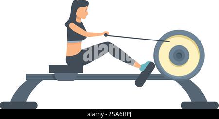 Woman is working out on a rowing machine, pulling the handle and exercising her muscles. Woman exercising with rowing machine at gym Stock Vector