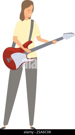 Young woman musician is playing her red electric guitar during a concert. Young woman playing electric guitar on stage Stock Vector