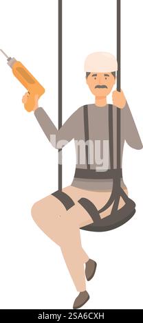 Construction worker wearing safety harness is hanging on ropes and holding a drill. Construction worker with drill hanging on ropes for building maintenance Stock Vector