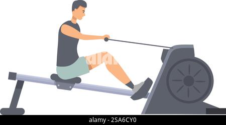 Sportsman is working out on a rowing machine, pulling the handle and engaging his muscles. Sportsman doing rowing exercise on rowing machine at gym Stock Vector