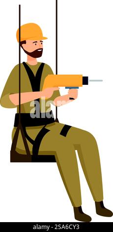 Construction worker with safety harness using drill hanging on ropes at height. Construction worker using drill hanging on ropes at height Stock Vector