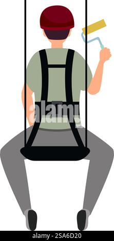 Construction worker is painting a high rise building while suspended in a safety harness. Industrial climber painter working at height with safety harness and paint roller Stock Vector