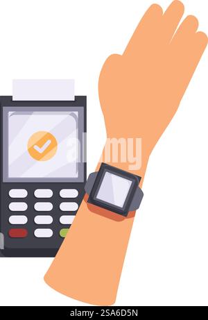 Customer making contactless nfc payment using smartwatch for purchase in store. Hand holding smartwatch over pos terminal making a contactless payment Stock Vector