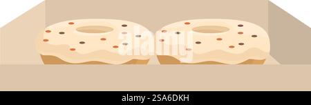 Two delicious donuts with colorful sprinkles are waiting inside their cardboard box. Two glazed donuts with sprinkles resting in cardboard box Stock Vector