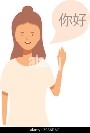 Young woman is waving and greeting in chinese, showing a speech bubble with the character for hello in mandarin. Young woman speaking chinese language, greeting in mandarin, character saying hello Stock Vector