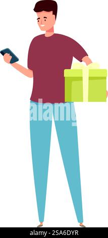 Young man is holding a gift box and using a smartphone, perhaps waiting for someone. Young man using smartphone holding gift box is waiting for someone Stock Vector