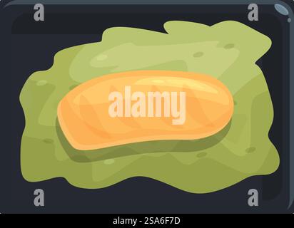Salmon fillet baking on green pesto sauce, lying on black oven tray. Salmon fillet baking on green pesto sauce in oven tray Stock Vector