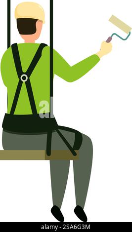 Industrial climber is painting a wall using a roller brush while wearing a safety harness. Industrial climber painting wall using roller brush wearing safety harness Stock Vector