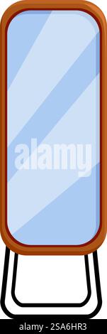 Wooden floor mirror standing on metal legs is reflecting the light in the room. Wooden floor mirror standing on metal legs reflecting light Stock Vector