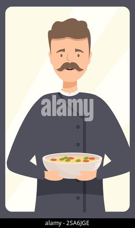 Smiling chef holding a bowl of soup in a frame, restaurant service and job concept. Smiling chef holding a bowl of soup in a frame Stock Vector