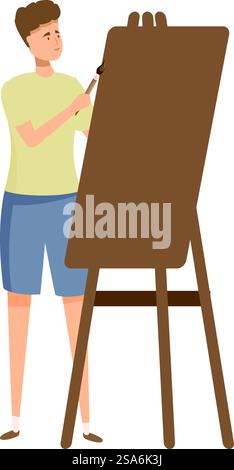Young artist painting on canvas using paintbrush, creativity concept. Young artist is carefully applying paint to a canvas on an easel Stock Vector