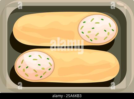 Two delicious baguettes filled with cream cheese and herbs, lying on a tray, offering a tasty and convenient meal or snack option. Two freshly baked baguettes filled with cream cheese and herbs on a tray Stock Vector