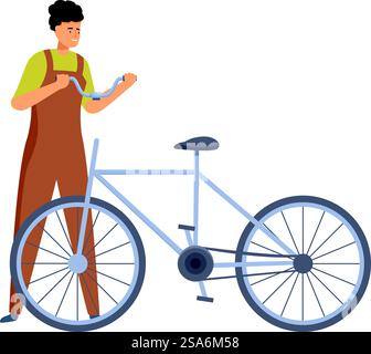 Bicycle mechanic is repairing a bike in his workshop. Bicycle mechanic repairing a bike holding handlebars Stock Vector