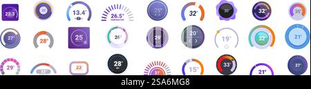 Thermostat ui icons set. Set of round temperature control panels showing different degrees celsius for web design. Thermostat ui icons set. Temperature control panel showing different degrees celsius Stock Vector
