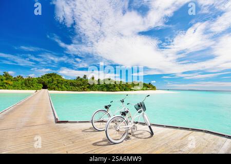 Bicycles for romantic vacation at beautiful tropical beach on exotic island at Maldives Stock Photo